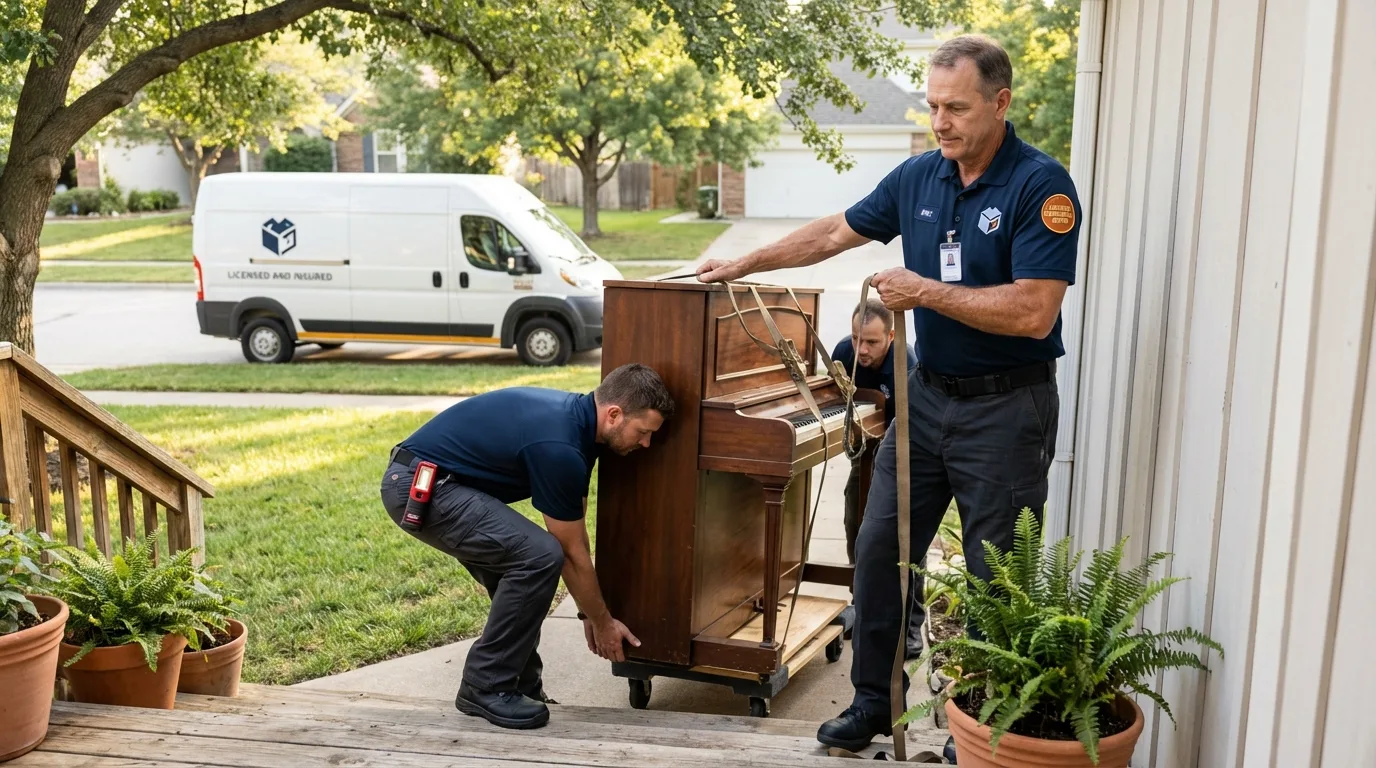 Licensed piano movers securing grand piano in Cuba City, WI