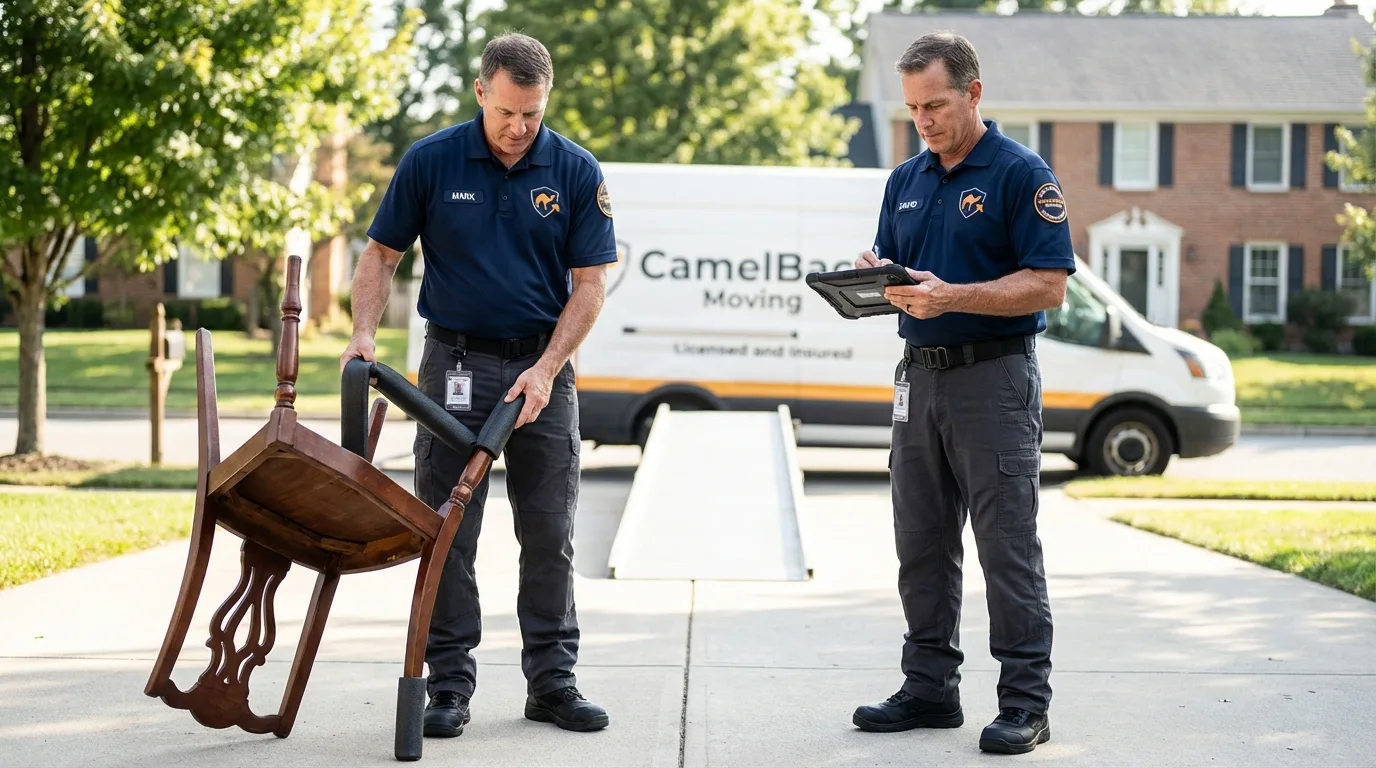 Movers inspecting furniture for damage prevention before loading in Cuba City, WI