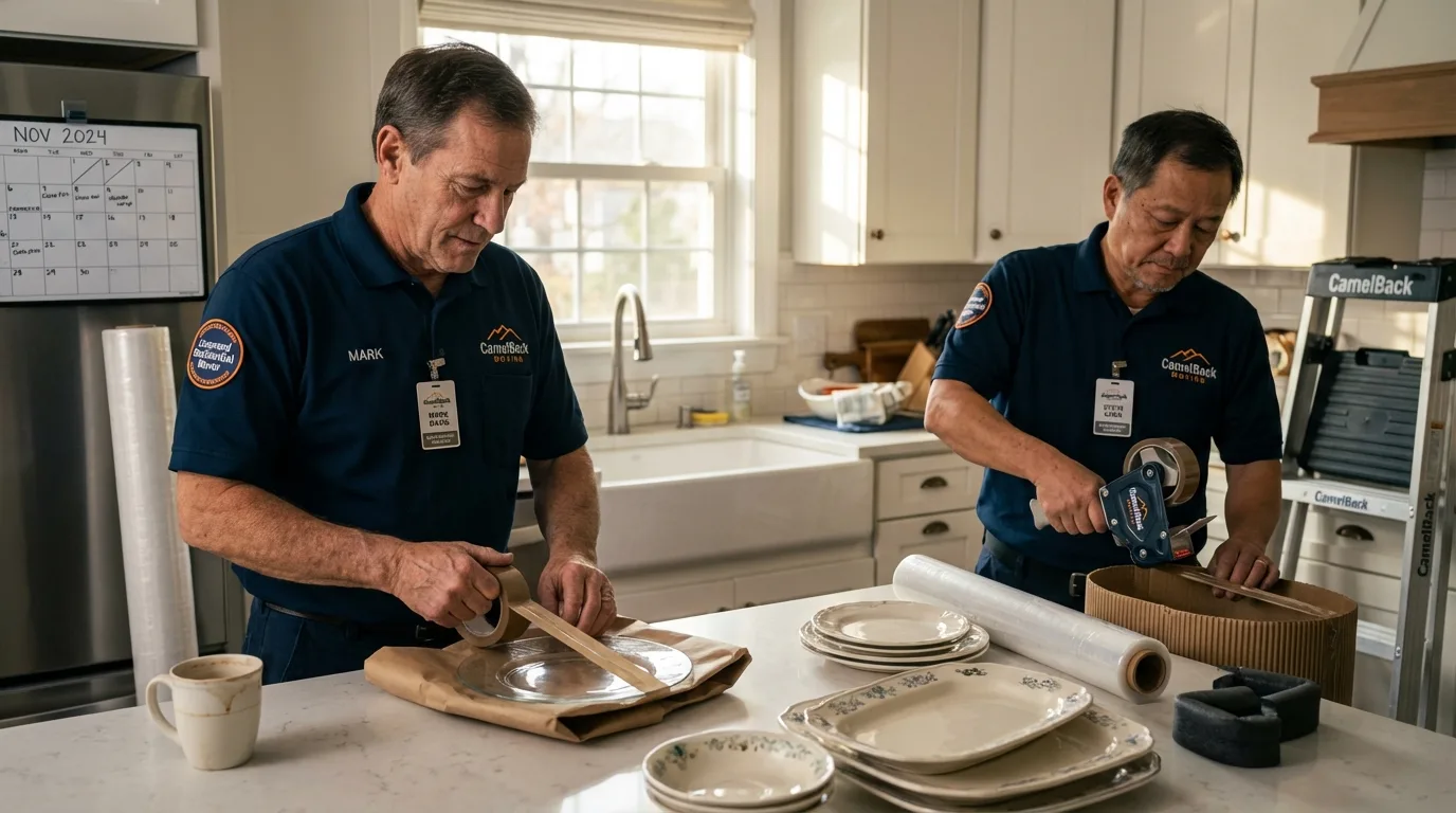 Professional crew packing kitchen dishware in Cuba City, WI